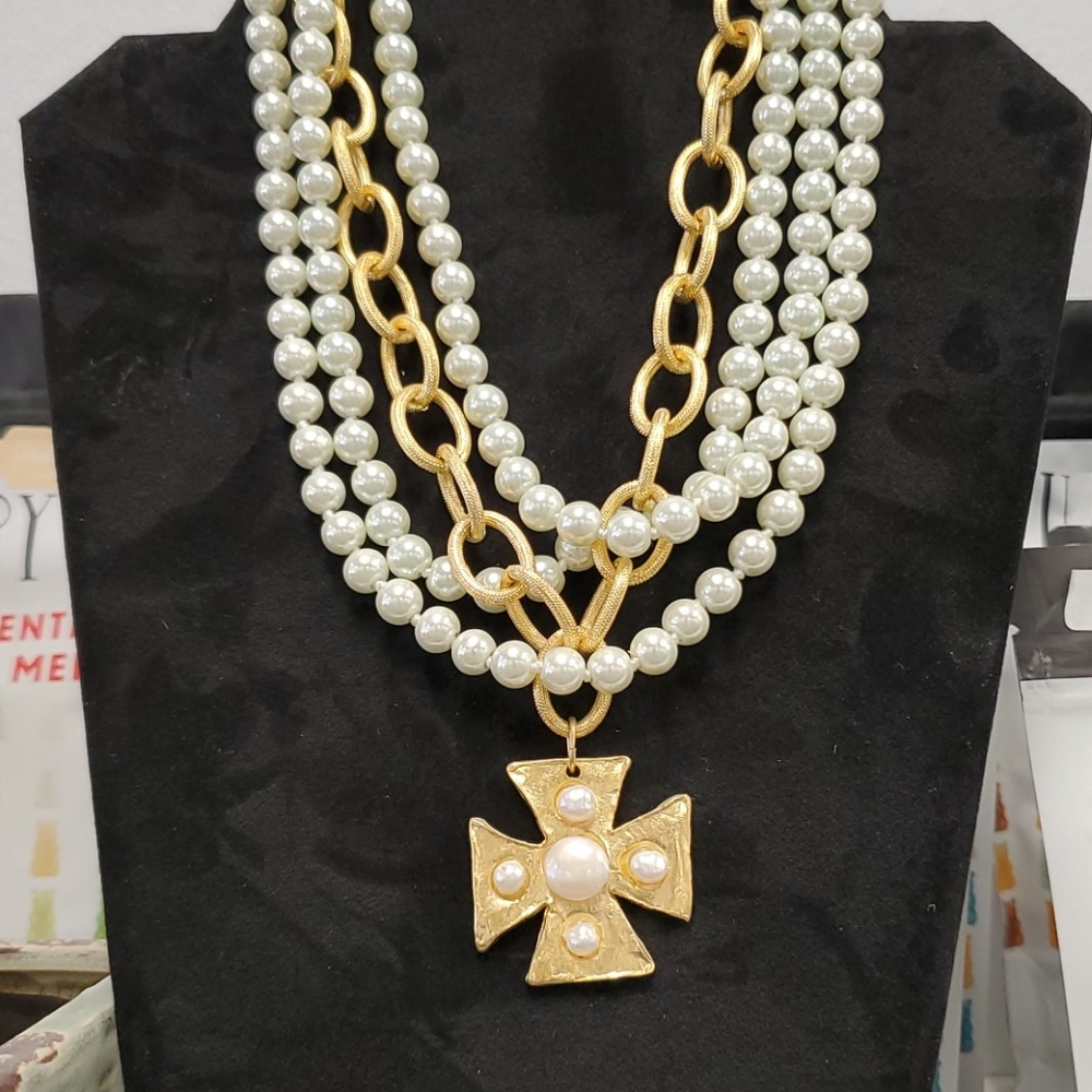 Hand cast cross and pearl 4 strand necklace